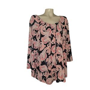 Croft & Barrow Womens 2X Paisley Tunic Top 3/4 Sleeve Navy Pink Coral Plus Size